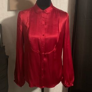🥰Liz Claiborne Pure Red Silk Bib-Fronted Blouse/Button-Down Shirt